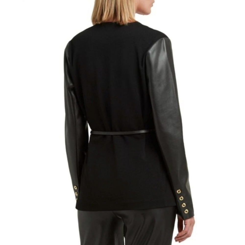 NWT H HALSTON | Black Collarless Faux Leather Sleeve Belted Blazer Jacket Sz. XS - Picture 2 of 4
